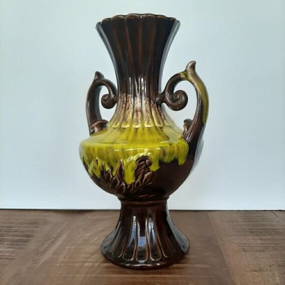 Japanese Ceramic drop glaze urn Vase Brown and Yellow - Picture 2 of 10
